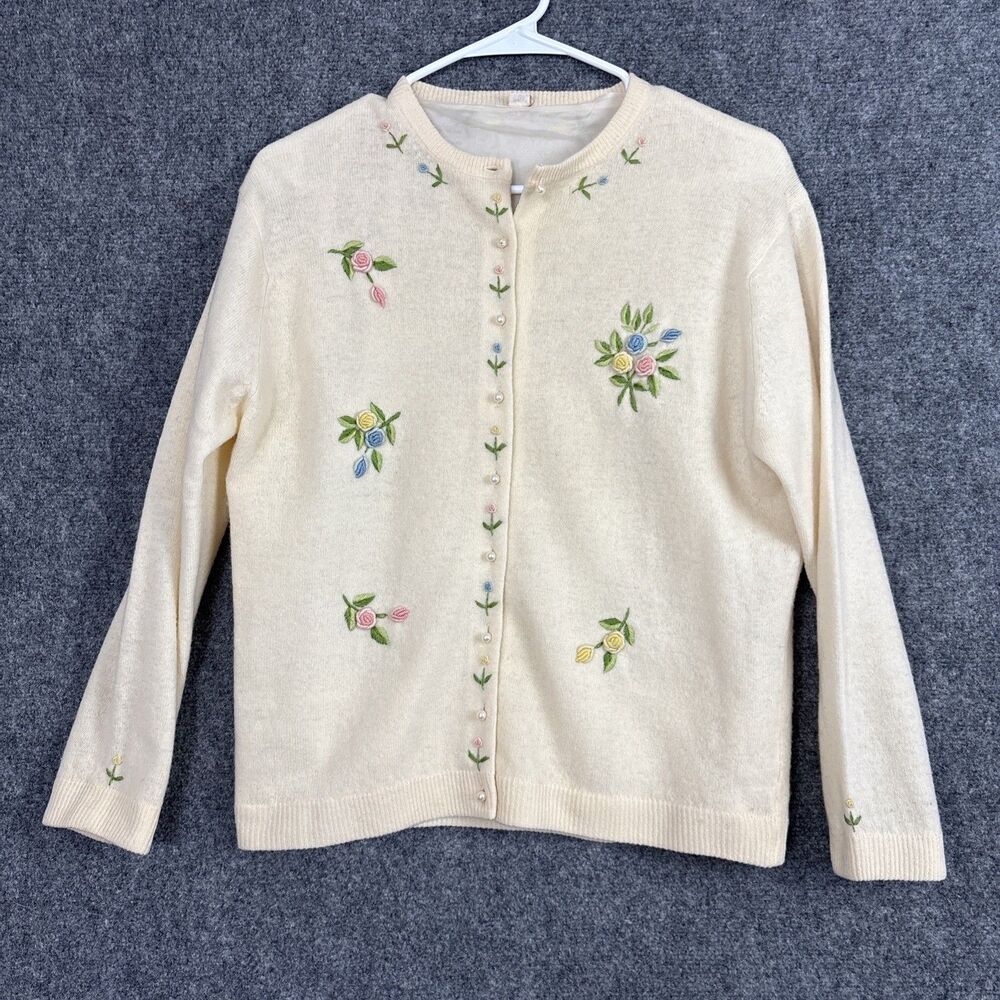 Vintage Sweater Womens Size 40 Cream Embroidery Pearl buttons Lined